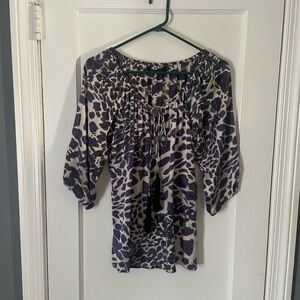 Akiko Womens Purple Leopard Print Peasant Blouse - Casual Boho Top Size Small
